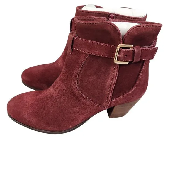 Diba Womens Burgundy Suede Leather Ankle Boots Size 9.5 With Block Heels &amp; Buckl