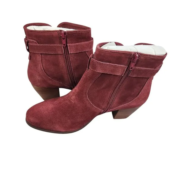 Diba Womens Burgundy Suede Leather Ankle Boots Size 9.5 With Block Heels &amp; Buckl