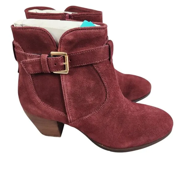 Diba Womens Burgundy Suede Leather Ankle Boots Size 9.5 With Block Heels &amp; Buckl