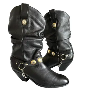 Dingo Olivia Harness Round Toe Black Leather Cowgirl Western Heeled Boots Womens