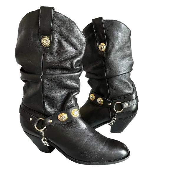 Dingo Olivia Harness Round Toe Black Leather Cowgirl Western Heeled Boots Womens