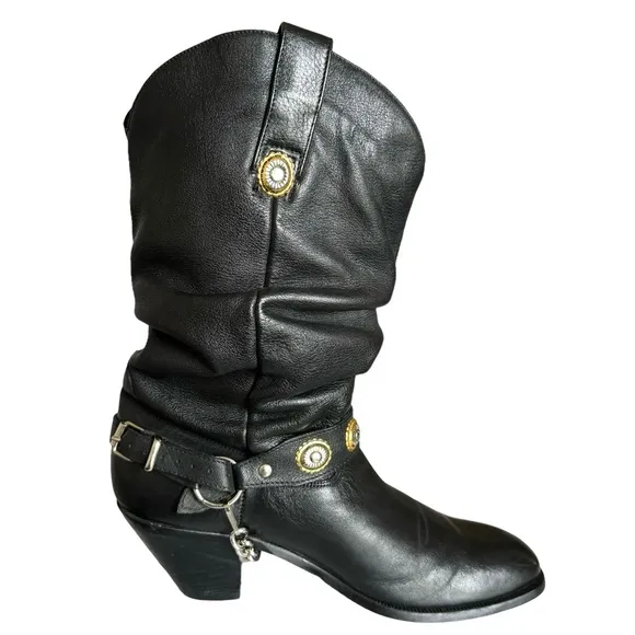 Dingo Olivia Harness Round Toe Black Leather Cowgirl Western Heeled Boots Womens