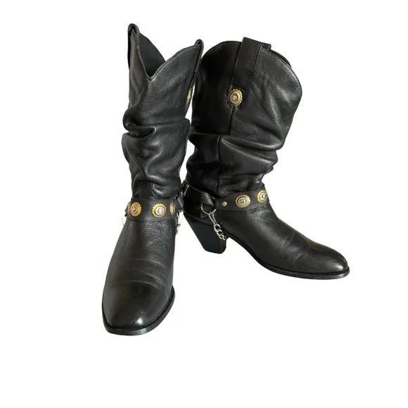 Dingo Olivia Harness Round Toe Black Leather Cowgirl Western Heeled Boots Womens