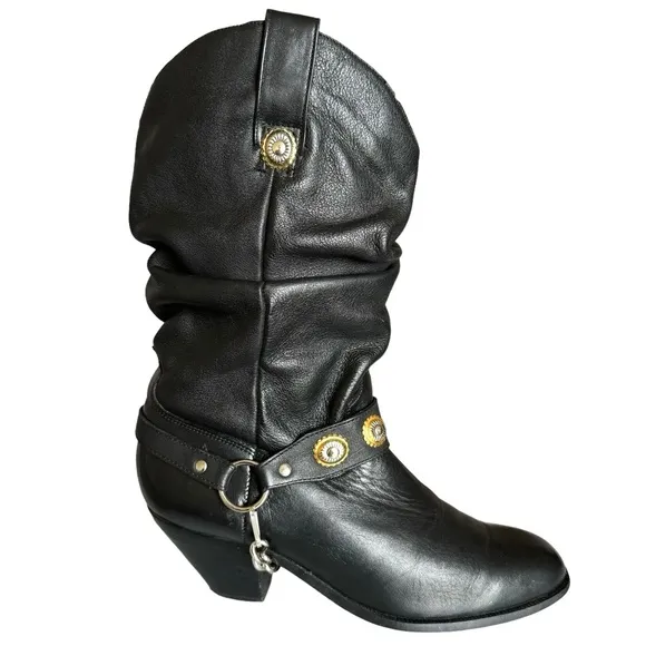 Dingo Olivia Harness Round Toe Black Leather Cowgirl Western Heeled Boots Womens
