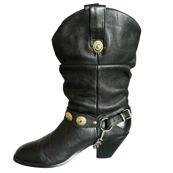 Dingo Olivia Harness Round Toe Black Leather Cowgirl Western Heeled Boots Womens