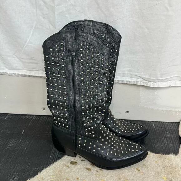 Dingo vintage leather studded heeled rockstar black motorcycle cowboy boots 8.5