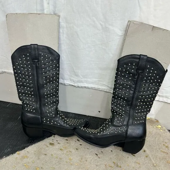 Dingo vintage leather studded heeled rockstar black motorcycle cowboy boots 8.5
