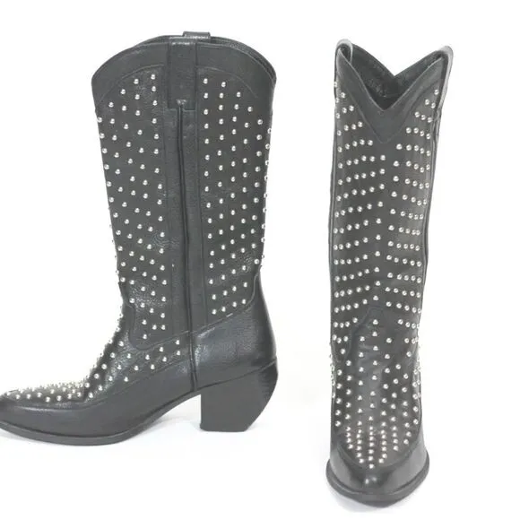 Dingo vintage leather studded heeled rockstar black motorcycle cowboy boots 8.5