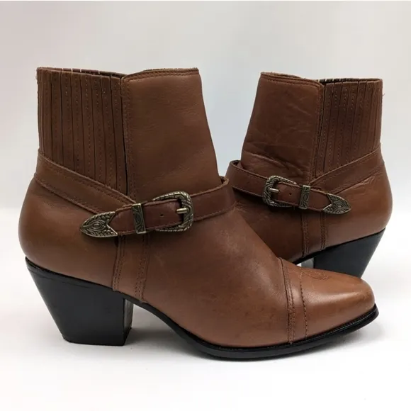 Dingo Western Cowgirl Buckle Strap Ankle Boot Leather Square Toe Pull On 6.5