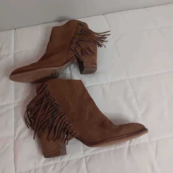 DOLCE VITA Womens Brown Chain Fringed Juneau Toe Block Heel Leather Booties 9.5