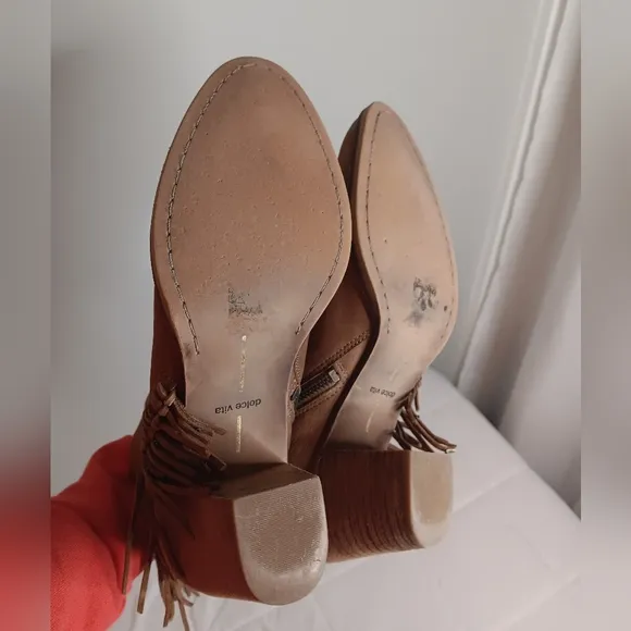 DOLCE VITA Womens Brown Chain Fringed Juneau Toe Block Heel Leather Booties 9.5