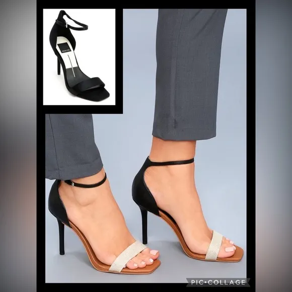 DOLCE VITA Women's Halo Black Leather Ankle Strap Chic Shoes Heels Sandals 6.5