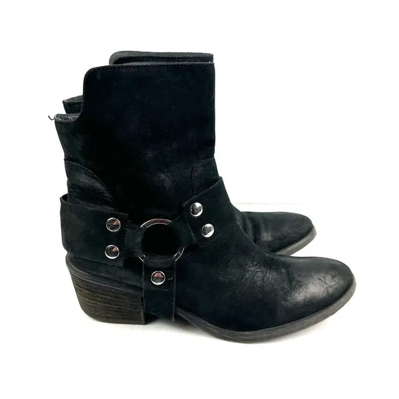 Donald Pliner Ankle Bootie 6 Black Leather Harness Stud Moto Boot Womens