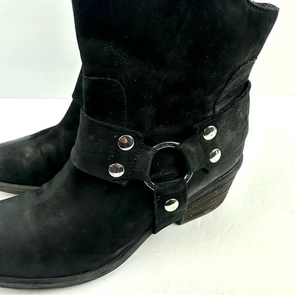 Donald Pliner Ankle Bootie 6 Black Leather Harness Stud Moto Boot Womens