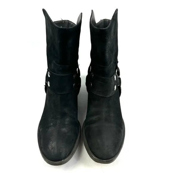 Donald Pliner Ankle Bootie 6 Black Leather Harness Stud Moto Boot Womens