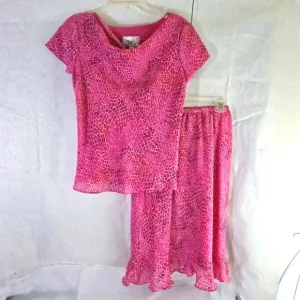 Donna Ricco Women Size 6 Top Elastic Ruffled Skirt Pink Animal Print Lightweight
