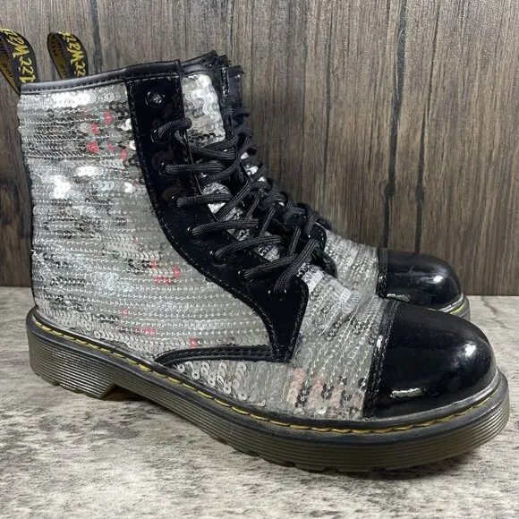 Dr Martens 1460 Pooch Black Silver Sequin Side Zip Ankle Boots Women’s Size 5
