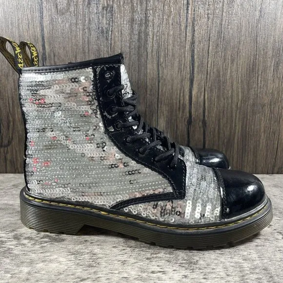 Dr Martens 1460 Pooch Black Silver Sequin Side Zip Ankle Boots Women’s Size 5