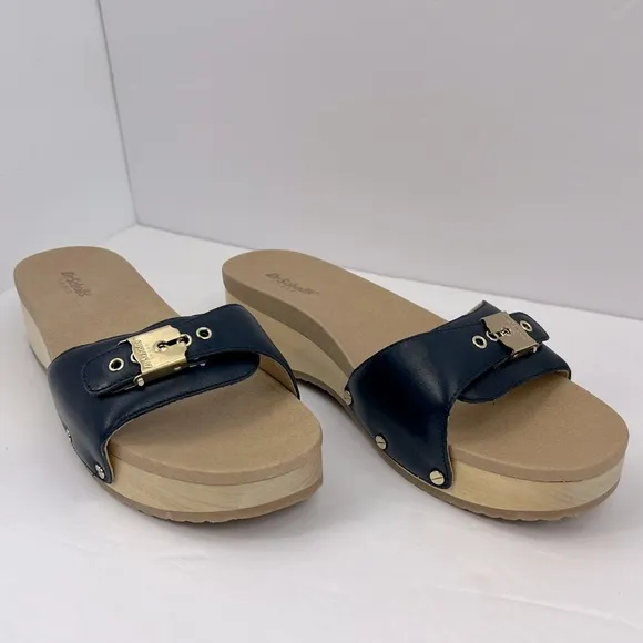 Dr Scholl’s SHOES, NAVY BLUE LEATHER TOP, ADJUSTABLE TOP STRAP, WOODEN SOLE, 10M