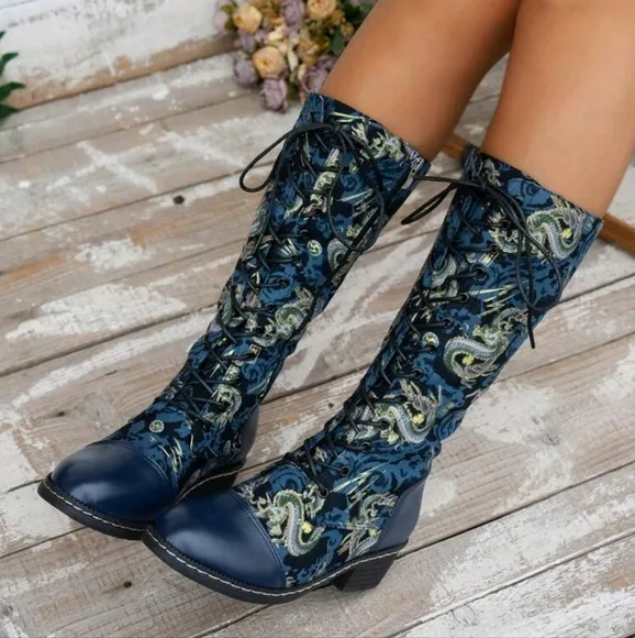 Dragon Pattern Printed Knee-High Rider Boots,Fashionable &amp; Comfortable Zipper