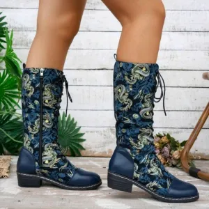 Dragon Pattern Printed Knee-High Rider Boots,Fashionable &amp; Comfortable Zipper
