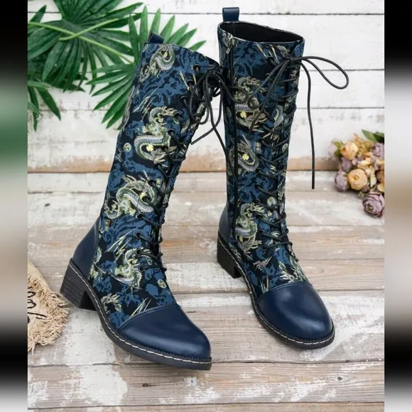 Dragon Pattern Printed Knee-High Rider Boots,Fashionable &amp; Comfortable Zipper