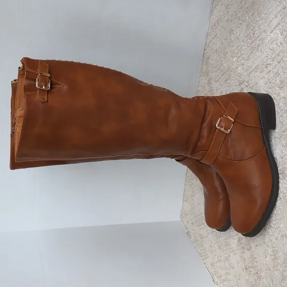 Dream Pairs Intruder-3 Stud Embellished Heeled Tall Boots 9.5 Brown Full Zipper