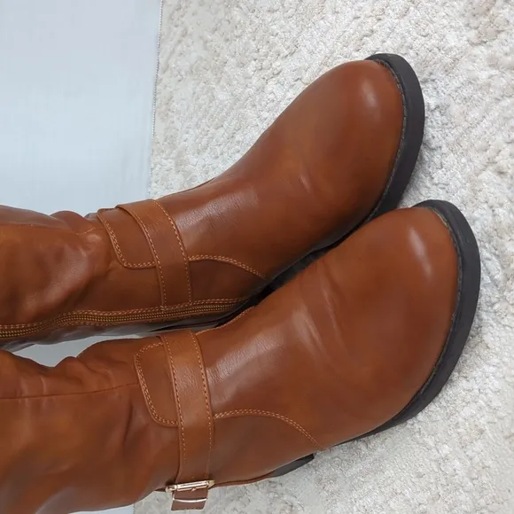 Dream Pairs Intruder-3 Stud Embellished Heeled Tall Boots 9.5 Brown Full Zipper