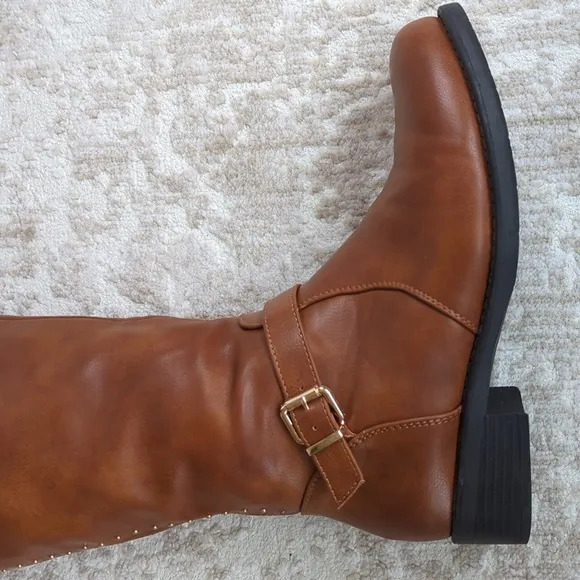 Dream Pairs Intruder-3 Stud Embellished Heeled Tall Boots 9.5 Brown Full Zipper