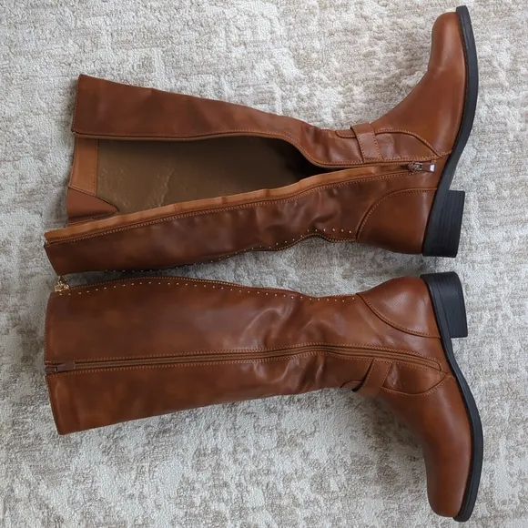 Dream Pairs Intruder-3 Stud Embellished Heeled Tall Boots 9.5 Brown Full Zipper