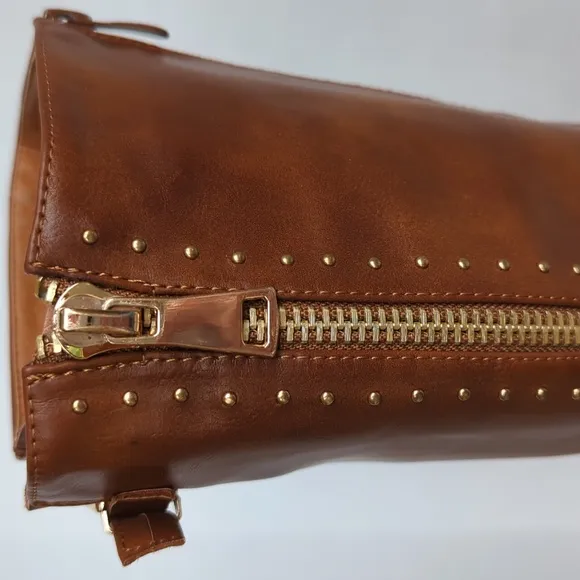 Dream Pairs Intruder-3 Stud Embellished Heeled Tall Boots 9.5 Brown Full Zipper