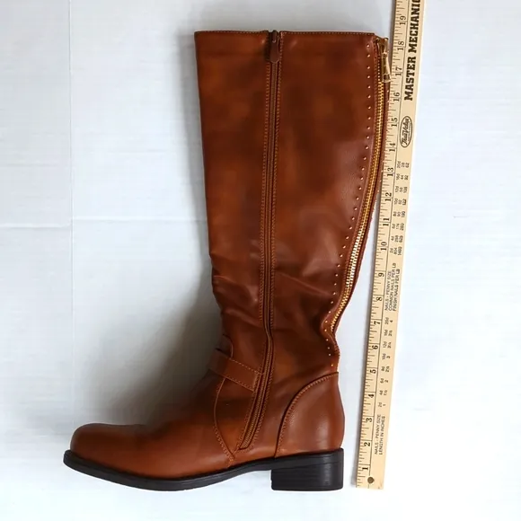 Dream Pairs Intruder-3 Stud Embellished Heeled Tall Boots 9.5 Brown Full Zipper