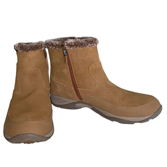 EASY SPIRIT Ankle Boots Side Zipper Faux Fur Button Accent Suede Tan Women 11