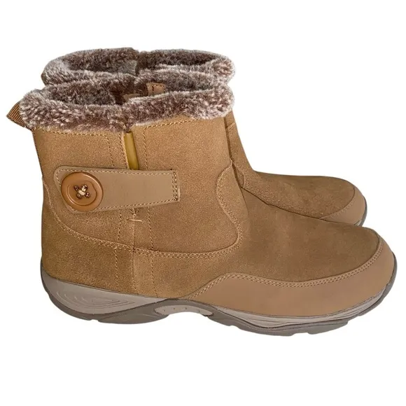 EASY SPIRIT Ankle Boots Side Zipper Faux Fur Button Accent Suede Tan Women 11