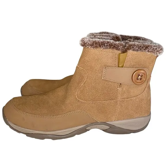 EASY SPIRIT Ankle Boots Side Zipper Faux Fur Button Accent Suede Tan Women 11