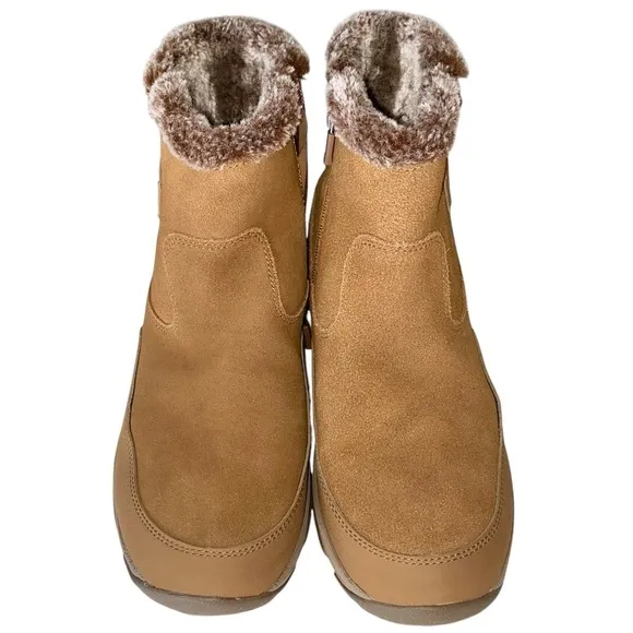 EASY SPIRIT Ankle Boots Side Zipper Faux Fur Button Accent Suede Tan Women 11