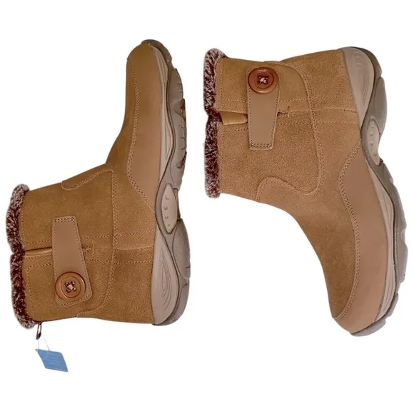 EASY SPIRIT Ankle Boots Side Zipper Faux Fur Button Accent Suede Tan Women 11
