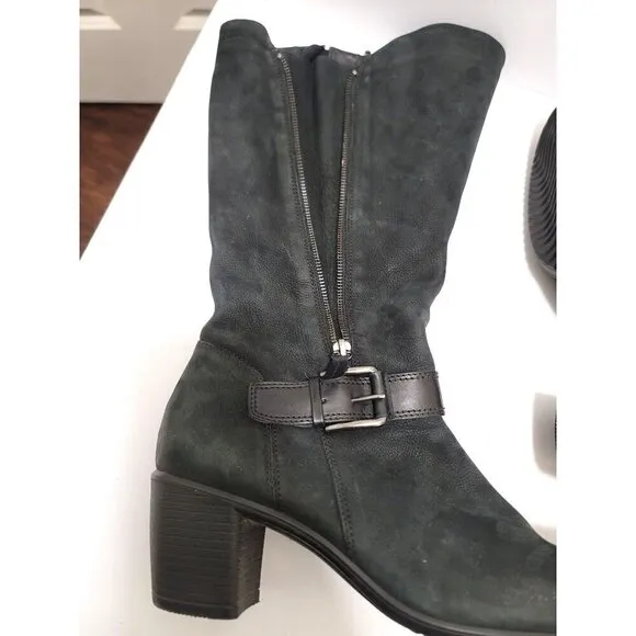 Ecco black nubuck leather Knee-High buckle blook pump heel Boots With Zipper siz
