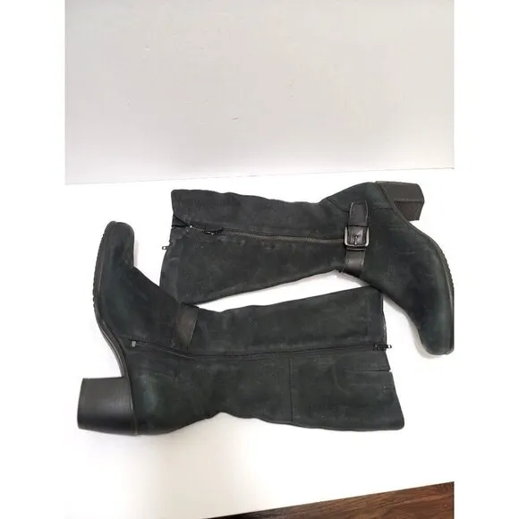 Ecco black nubuck leather Knee-High buckle blook pump heel Boots With Zipper siz