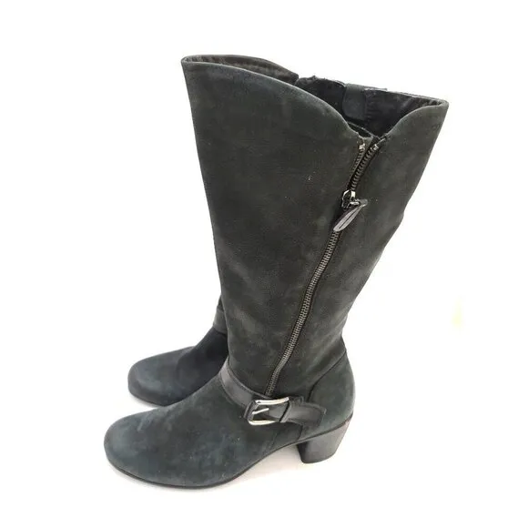 Ecco black nubuck leather Knee-High buckle blook pump heel Boots With Zipper siz