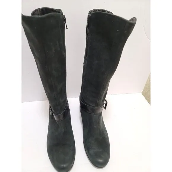 Ecco black nubuck leather Knee-High buckle blook pump heel Boots With Zipper siz