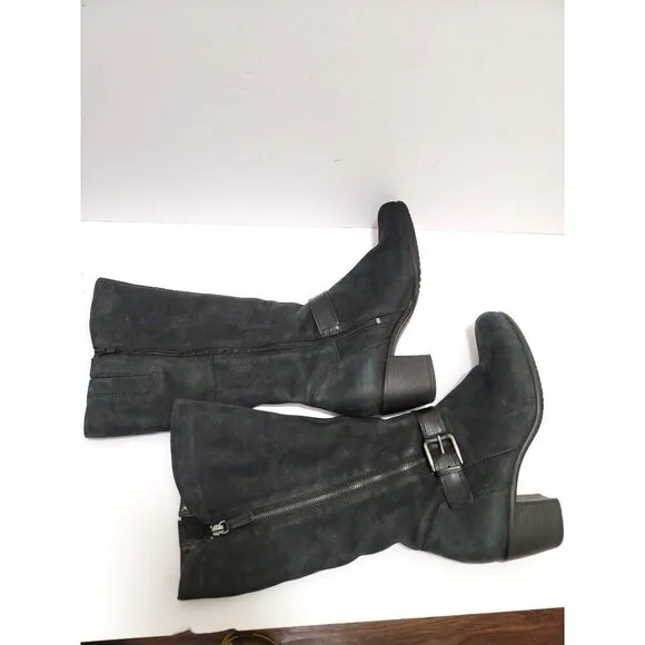 Ecco black nubuck leather Knee-High buckle blook pump heel Boots With Zipper siz