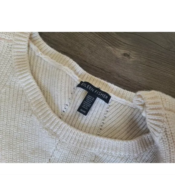 Eileen Fisher Cream 100% Fine Merino Wool Bateau Neck Sweater Medium