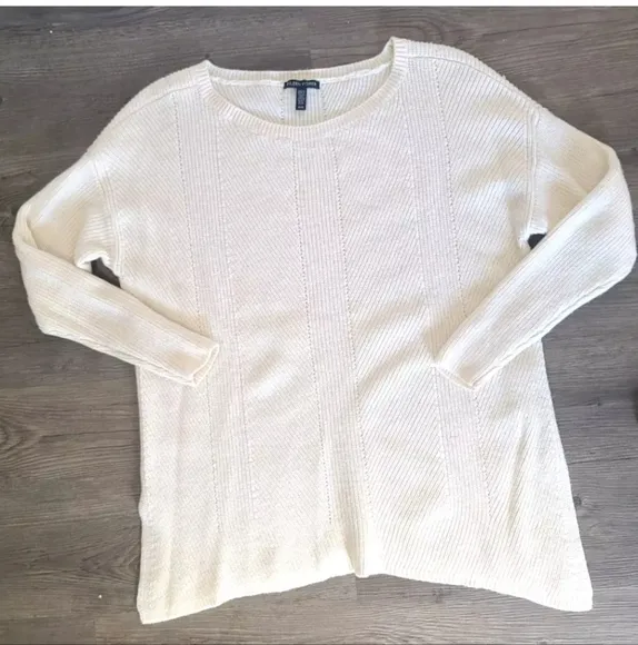 Eileen Fisher Cream 100% Fine Merino Wool Bateau Neck Sweater Medium