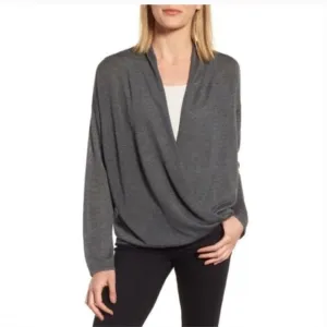 Eileen Fisher Faux Wrap Long Sleeve Sweater Top - Grey - Size M Petite