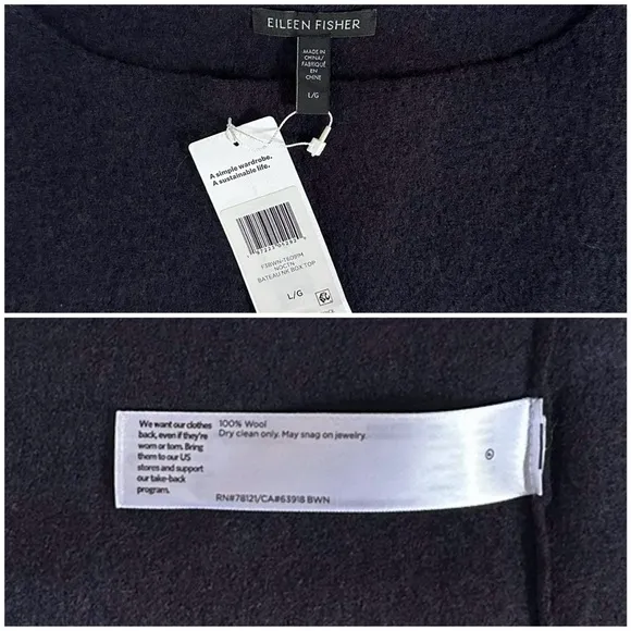 EILEEN FISHER NWT L Lightweight Boiled Wool Bateau Neck Top in Nocturne Blue