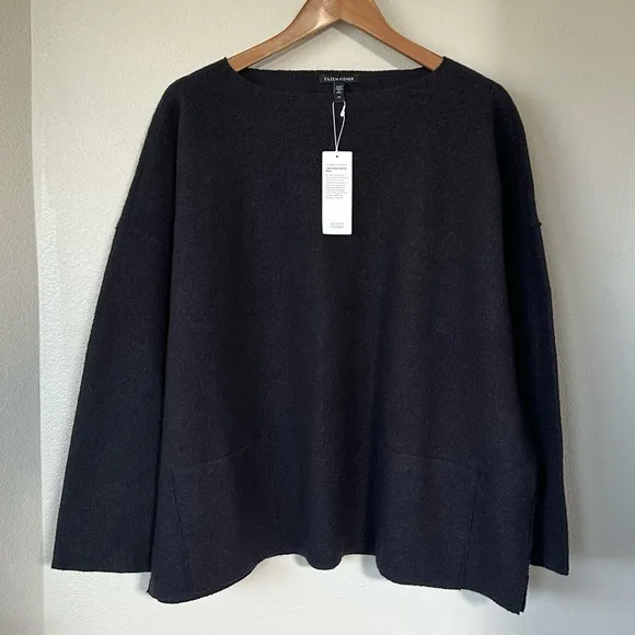 EILEEN FISHER NWT L Lightweight Boiled Wool Bateau Neck Top in Nocturne Blue