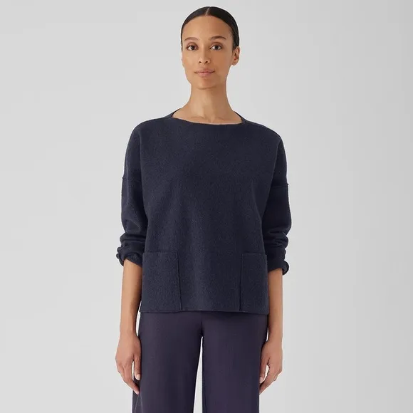 EILEEN FISHER NWT L Lightweight Boiled Wool Bateau Neck Top in Nocturne Blue