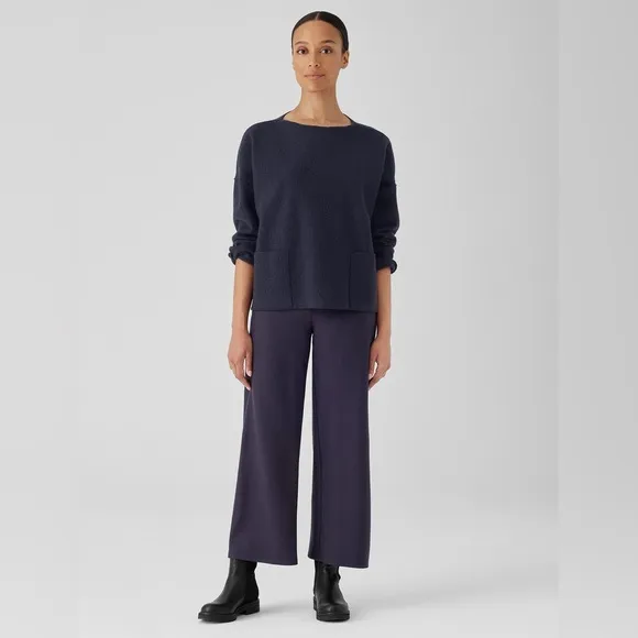 EILEEN FISHER NWT L Lightweight Boiled Wool Bateau Neck Top in Nocturne Blue