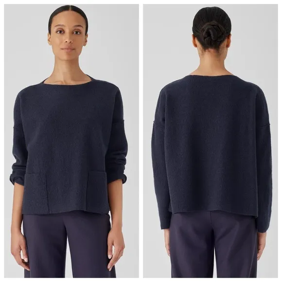 EILEEN FISHER NWT L Lightweight Boiled Wool Bateau Neck Top in Nocturne Blue